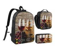 HAHAFU Art Red Wine Galsses & Grapes 17 Inch School Backpack Set with Pencil Case and Lunch Bag,Matching Print Design,Durable Polyester School Bag for Kids Teens Boys Girls
