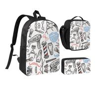 HAHAFU Barber Shop Monochrome Style 17 Inch School Backpack Set with Pencil Case and Lunch Bag,Matching Print Design,Durable Polyester School Bag for Kids Teens Boys Girls
