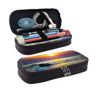 HAHAFU Beach and Sunset Leather Pencil Case for Girls Boys,Personalised Print Large Stationery Pencil Case with Compartments.