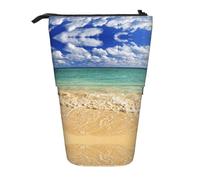 HAHAFU Beach Blue Sea Telescopic Pencil Case, Oxford-Cloth Adjustable Pencil Pouch with Zipper, Multi-Functional Portable Stationery Bag for School Office