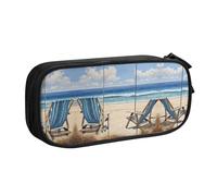 HAHAFU Beach Scene with Chairs Double Layer Large Capacity Pencil Case, Full Print Oxford-Cloth Pencil Pouch with Multiple Compartments,Customizable Smooth Zipper Stationery Bag
