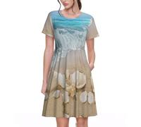 HAHAFU Beach Seashell Women's Short Sleeve Polyester Dress,All-Over Print Comfortable Breathable Summer Dress Black