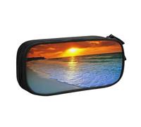 HAHAFU Beach with Sunset Double Layer Large Capacity Pencil Case, Full Print Oxford-Cloth Pencil Pouch with Multiple Compartments