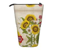 HAHAFU Bees Sunflowers Rose Flowers Telescopic Pencil Case, Oxford-Cloth Adjustable Pencil Pouch with Zipper, Multi-Functional Portable Stationery Bag for School Office