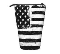 HAHAFU Black and White American Flag Telescopic Pencil Case, Oxford-Cloth Adjustable Pencil Pouch with Zipper, Multi-Functional Portable Stationery Bag for School Office