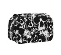 HAHAFU Black and White Human Skull Flip-Top Double-Layer Pencil Case,Large Capacity (Holds 50 Pens/Pencis),Full-Print Durable Polyester School Office Supplies