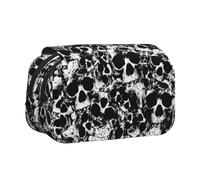 HAHAFU Black and White Human Skull Flip-Top Double-Layer Pencil Case,Large Capacity (Holds 50 Pens/Pencis),Full-Print Durable Polyester School Office Supplies