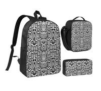 HAHAFU Black White Snake Skin 17 Inch School Backpack Set with Pencil Case and Lunch Bag,Matching Print Design,Durable Polyester School Bag for Kids Teens Boys Girls