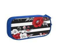 HAHAFU Black White Stripes Red Rose Flowers Double Layer Large Capacity Pencil Case, Full Print Oxford-Cloth Pencil Pouch with Multiple Compartments,Customizable Smooth Zipper Stationery Bag