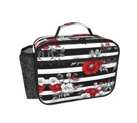 HAHAFU Black White Stripes Red Rose Flowers Insulated Lunch Bag with All-Over Print,Oxford-Fabric Lunch Tote, Peva Lining Cotton Padding,Keeps Food Hot Or Cold for Work School Travel