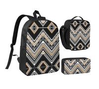 HAHAFU Black White Tan Zigzag 17 Inch School Backpack Set with Pencil Case and Lunch Bag,Matching Print Design,Durable Polyester School Bag for Kids Teens Boys Girls