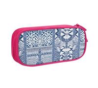 HAHAFU Blue Polynesian Maori Tribal Pattern Double Layer Large Capacity Pencil Case,Print Oxford-Cloth Pencil Pouch with Multiple Compartments