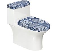 HAHAFU Blue Polynesian Maori Tribal Pattern Toilet Decorative 2-Piece Set With All-Over Print,Stretchable Toilet Lid Cover, Soft Elastic Fabric For Home Decoration