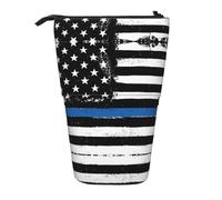 HAHAFU Blue Thin Line USA Flag Telescopic Pencil Case, Oxford-Cloth Adjustable Pencil Pouch with Zipper, Multi-Functional Portable Stationery Bag for School Office