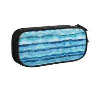 HAHAFU Blue Wave Stripe Double Layer Large Capacity Pencil Case,Print Oxford-Cloth Pencil Pouch with Multiple Compartments