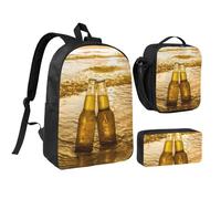 HAHAFU Bottles Beer Beach Sunset Time 17 Inch School Backpack Set with Pencil Case and Lunch Bag,Matching Print Design,Durable Polyester School Bag for Kids Teens Boys Girls