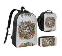 HAHAFU Cartoon Cute New York American Theme Art 17 Inch School Backpack Set with Pencil Case and Lunch Bag,Matching Print Design,Durable Polyester School Bag for Kids Teens Boys Girls