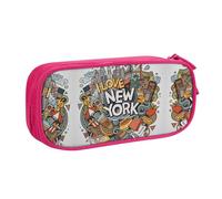 HAHAFU Cartoon Cute New York American Theme Art Double Layer Large Capacity Pencil Case, Full Print Oxford-Cloth Pencil Pouch with Multiple Compartments,Customizable Smooth Zipper Stationery Bag
