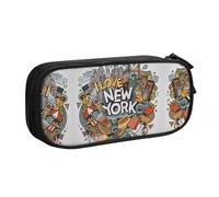 HAHAFU Cartoon Cute New York American Theme Art Double Layer Large Capacity Pencil Case, Full Print Oxford-Cloth Pencil Pouch with Multiple Compartments,Customizable Smooth Zipper Stationery Bag