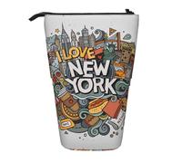 HAHAFU Cartoon Cute New York American Theme Art Telescopic Pencil Case, Oxford-Cloth Adjustable Pencil Pouch with Zipper, Multi-Functional Portable Stationery Bag for School Office