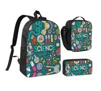 HAHAFU Cartoon Science Theme 17 Inch School Backpack Set with Pencil Case and Lunch Bag,Matching Print Design,Durable Polyester School Bag for Kids Teens Boys Girls