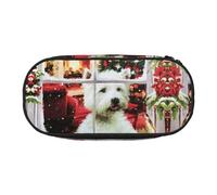 HAHAFU Christmas Dog Double Zipper Pencil Case Makeup Bag,Large Capacity Crush-Resistant Polyester Organizer for School Office Travel