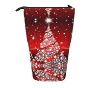 HAHAFU Christmas Tree Red Telescopic Pencil Case, Oxford-Cloth Adjustable Pencil Pouch with Zipper, Multi-Functional Portable Stationery Bag for School Office