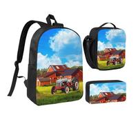 HAHAFU Company Farm Tractor 17 Inch School Backpack Set with Pencil Case and Lunch Bag,Matching Print Design,Durable Polyester School Bag for Kids Teens Boys Girls