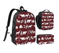 HAHAFU Cow Deer Tree Christmas 17 Inch School Backpack Set with Pencil Case and Lunch Bag,Matching Print Design,Durable Polyester School Bag for Kids Teens Boys Girls