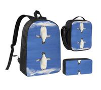 HAHAFU Cute Penguin 17 Inch School Backpack Set with Pencil Case and Lunch Bag,Matching Print Design,Durable Polyester School Bag for Kids Teens Boys Girls