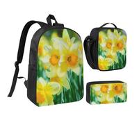 HAHAFU Daffodil Flower 17 Inch School Backpack Set with Pencil Case and Lunch Bag,Matching Print Design,Durable Polyester School Bag for Kids Teens Boys Girls