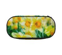 HAHAFU Daffodil Flower Double Zipper Pencil Case Makeup Bag,Large Capacity Crush-Resistant Polyester Organizer with 4 Pen Slots and Mesh Pocket for School Office Travel (Full Print Design)