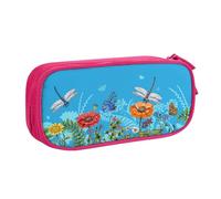 HAHAFU Dragonfly and Flower Double Layer Large Capacity Pencil Case, Full Print Oxford-Cloth Pencil Pouch with Multiple Compartments