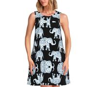 HAHAFU Elephant Women's Sleeveless Polyester Dress,Knee-Length Print Sundress with Side Pockets,Casual Shift Dress for Beach,Office,Travel Black