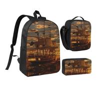 HAHAFU Fantasy Pirate Ship 17 Inch School Backpack Set with Pencil Case and Lunch Bag,Matching Print Design,Durable Polyester School Bag for Kids Teens Boys Girls