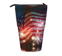 HAHAFU Fireworks American Flag Telescopic Pencil Case, Oxford-Cloth Adjustable Pencil Pouch with Zipper, Multi-Functional Portable Stationery Bag for School Office