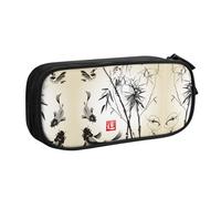 HAHAFU Fish Bird and Bamboo Leaves Painting Double Layer Large Capacity Pencil Case, Full Print Oxford-Cloth Pencil Pouch with Multiple Compartments,Customizable Smooth Zipper Stationery Bag