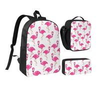 HAHAFU Flamingo 17 Inch School Backpack Set with Pencil Case and Lunch Bag,Matching Print Design,Durable Polyester School Bag for Kids Teens Boys Girls