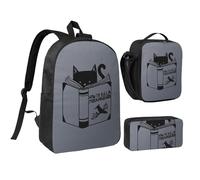 HAHAFU Funny Cat Reading 17 Inch School Backpack Set With Pencil Case And Lunch Bag,Matching Print Design,Durable Polyester School Bag For Kids Teens Boys Girls