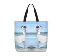 HAHAFU Girl On A Windy Beach Multiprint Durable Water-Resistant Polyester Tote Shoulder Bag-Lightweight Casual Daypack For Shopping,School, Office Daily Use