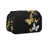 HAHAFU Gold White Butterflies Black Flip-Top Double-Layer Pencil Case,Large Capacity (Holds 50 Pens/Pencis),Full-Print Durable Polyester School Office Supplies