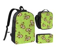 HAHAFU Green Clever Monkey 17 Inch School Backpack Set with Pencil Case and Lunch Bag,Matching Print Design,Durable Polyester School Bag for Kids Teens Boys Girls