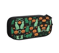 HAHAFU Green Ghost Horror Halloween Pumpkin Double Layer Large Capacity Pencil Case, Full Print Oxford-Cloth Pencil Pouch with Multiple Compartments,Customizable Smooth Zipper Stationery Bag