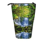 HAHAFU Green Tropical Plants and Waterfall Telescopic Pencil Case, Oxford-Cloth Adjustable Pencil Pouch with Zipper, Multi-Functional Portable Stationery Bag for School Office