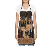 HAHAFU Guitar Bass Music Musical Instruments Chef Apron For Women Men,Print Polyester Work Cooking Aprons With Adjustable Strap And Large Pocket