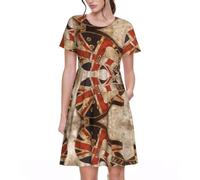 HAHAFU Guitar British Flag Women's Short Sleeve Polyester Dress,All-Over Print Comfortable Breathable Summer Dress Black