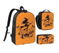 HAHAFU Halloween Witch Flying 17 Inch School Backpack Set with Pencil Case and Lunch Bag,Matching Print Design,Durable Polyester School Bag for Kids Teens Boys Girls