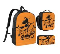 HAHAFU Halloween Witch Flying 17 Inch School Backpack Set with Pencil Case and Lunch Bag,Matching Print Design,Durable Polyester School Bag for Kids Teens Boys Girls