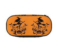 HAHAFU Halloween Witch Flying Double Zipper Pencil Case Makeup Bag,Large Capacity Crush-Resistant Polyester Organizer with 4 Pen Slots and Mesh Pocket for School Office Travel (Full Print Design)