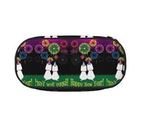 HAHAFU Happy Year Double Zipper Pencil Case Makeup Bag,Large Capacity Crush-Resistant Polyester Organizer with 4 Pen Slots and Mesh Pocket for School Office Travel (Full Print Design)